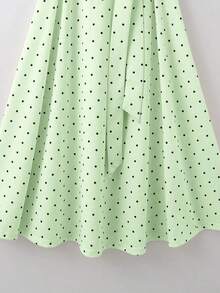 Vestido corto de manga corta de estilo minimalista y romántico para uso diario y casual, con cuello con volantes, lazo en la cintura y estampado de lunares al estilo francés, para primavera/verano - Verde - Ver 6