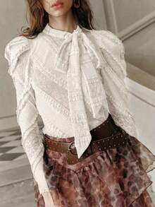 Camisa de mujer de manga larga elegante con diseño de corbata de moño, con sensación de alta gama, adecuada para primavera y el Día de San Valentín - Albaricoque - Ver 2