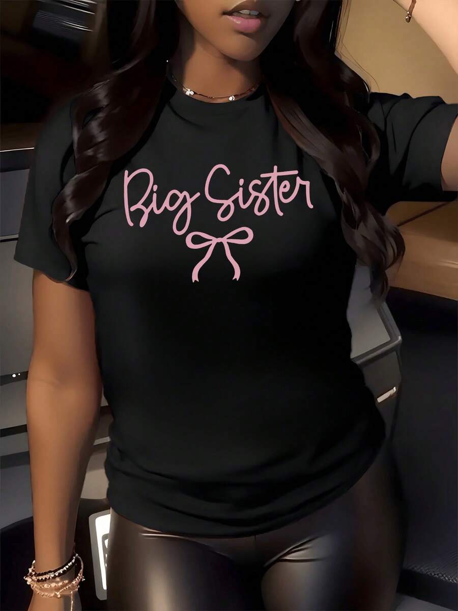 Pink Text With The Phrase "Big Sister" Accompanied By A Ribbon Symbolizes Affection, Family Unity, And Pride In Being An Older Sister, Reflecting Tenderness And Confidence. Comfortable Casual Women's T-Shirt For Everyday Wear - 黑色 - 查看 1