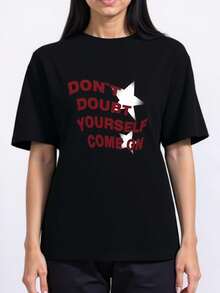 Women's Modern, Casual T-Shirt, Perfect For Parties And Lounging At Home. 100% Cotton, Loose Fit. Women's Y2K Style T-Shirt - Letter And Star Print - Crew Neck, Short Sleeves, Loose Fit, Casual Summer Blouse, 100% Cotton - 黑色 - 查看 2