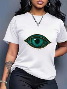 Camiseta Oversize para Mujer Talla, 200gsm de Peso Pesado - Cuello Redondo Holgado con Estampado Verde Ojo, Manga Corta Casual y Cómoda para Uso Diario y Fines de Semana, Lavable aáquina, para Todas las Estaciones - Blanco - Ver 2