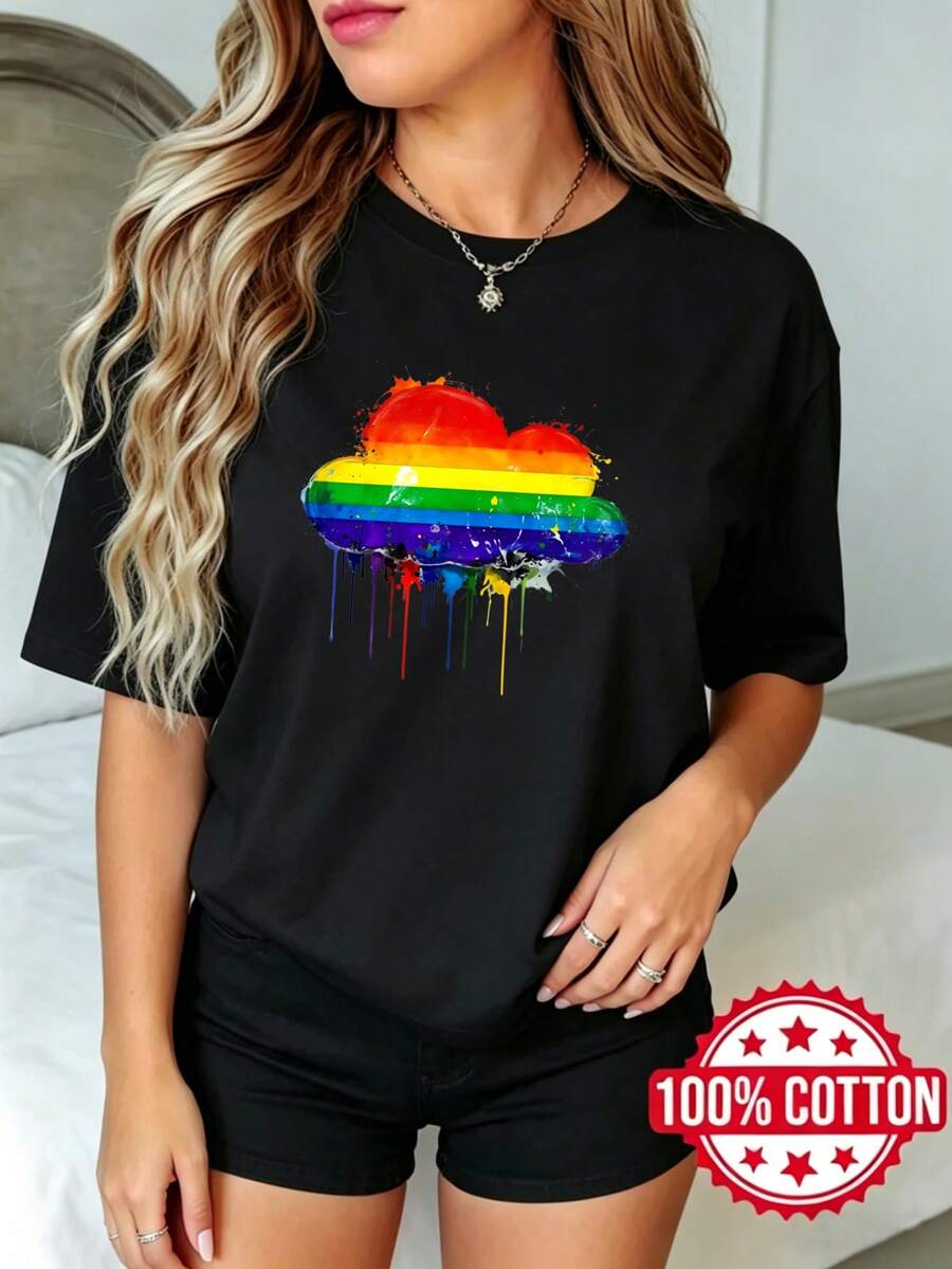Camiseta negra de manga corta, cuello redondo y estampado para mujer de verano casual Diseño de Goteo de Nube Arcoíris S-3XL moda 100% aodón material