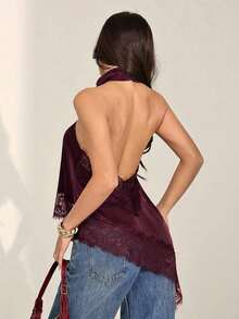Top halter con escote trasero, bajo asimétrico y parches de encaje, sexy para el verano - Granada - Ver 2