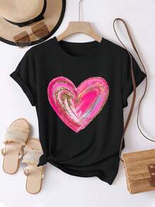 Women's T-Shirt, Comfortable And Casual, Short Sleeve And Round Neck, With Romantic Pink Heart Print And Shiny Gold Details, Regular Length, Suitable For All Seasons, Everyday Fashion, Ideal For Women's Spring And Summer Clothing. - 黑色 - 查看 6