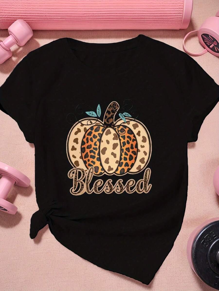 Camiseta Deportiva de Manga Corta para Mujer Talla Grande Pumpkin Cheetah, Camisetas Gráficas de Verano para Mujer, Camiseta Casual Estampada para Mujer, Manga Corta y Cuello Redondo, Moda Urbana Local de Primavera/Verano. - Negro - Ver 1