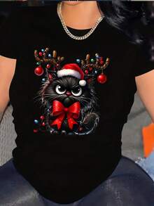 Camiseta de Mujer con Estampado de Gato Navideño - Diseño Festivo con Gorro de Santa y Astas de Reno, Top de Punto Casual con Cuello Redondo, Tela Suave, Mangas Cortas, Adecuada para Todas las Temporadas, Estilo Navideño. Camisetas Gráficas de Verano para Mujer. Camiseta Casual Estampada para Mujer, Manga Corta y Cuello Redondo, Moda Urbana Local de Primavera/Verano. - Negro - Ver 8