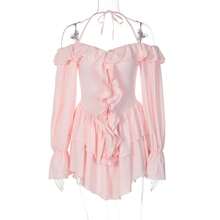 Éxito de  Mono Casual Cuello Halter Escote Bajo con Volantes Manga Larga - Rosa - Ver 8