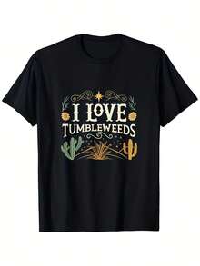 Women's 180 G/M² High-Quality T-Shirt, Southwest Vintage Style - Crew Neck T-Shirt With Desert Succulent Cactus Print, Short Sleeve Top With Cactus Print, Casual All-Season Desert Wear, Washable Everyday Outfits - 黑色 - 查看 1