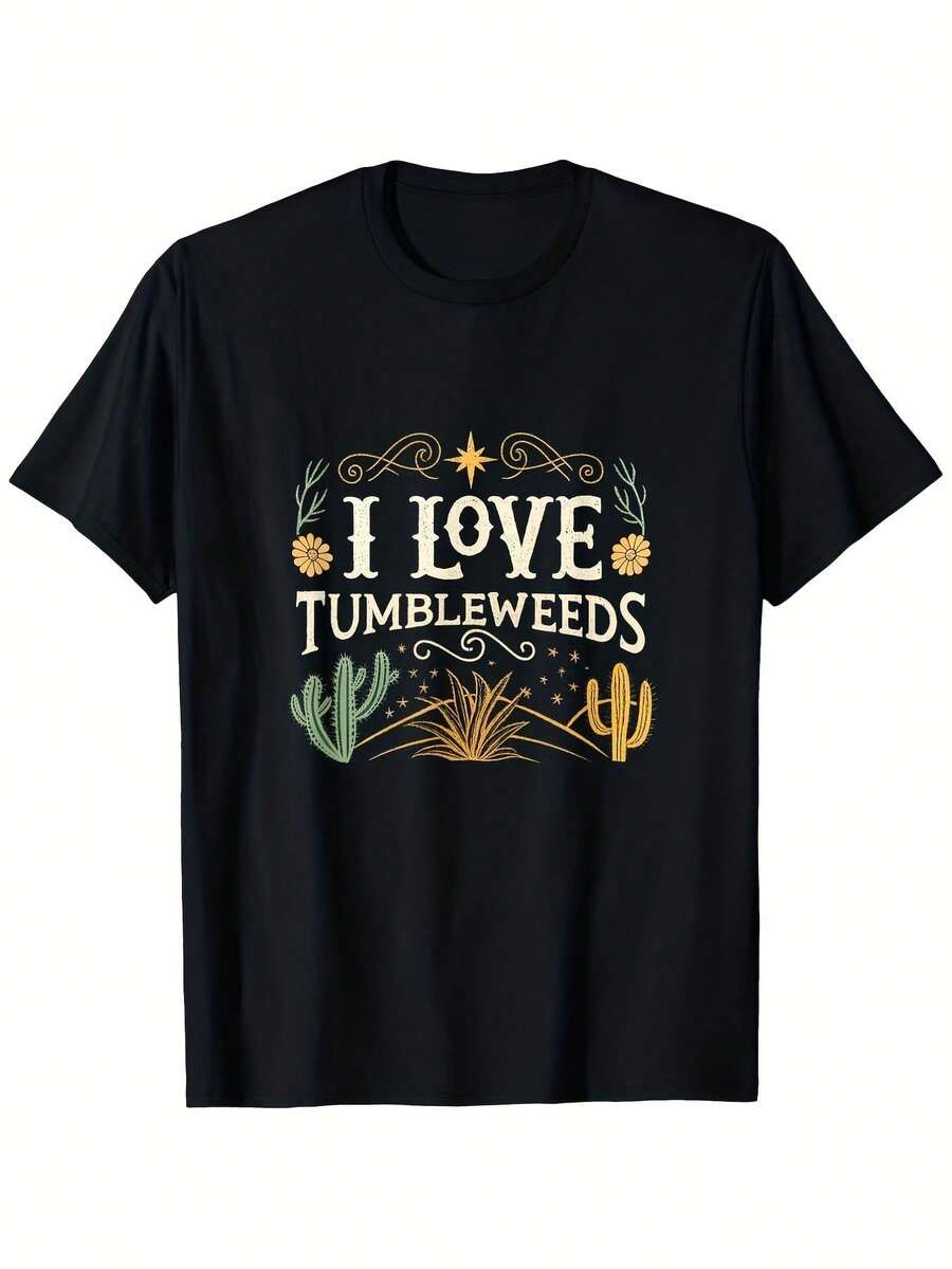 Women's 180 G/M² High-Quality T-Shirt, Southwest Vintage Style - Crew Neck T-Shirt With Desert Succulent Cactus Print, Short Sleeve Top With Cactus Print, Casual All-Season Desert Wear, Washable Everyday Outfits - 黑色 - 查看 1