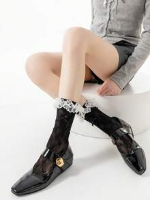 1 Pair Spring/Summer Thin Korean & Japanese Style Lace Ruffle Socks, Sweet Bowknot Leg Warmers For Girls - Multicolor - View 14