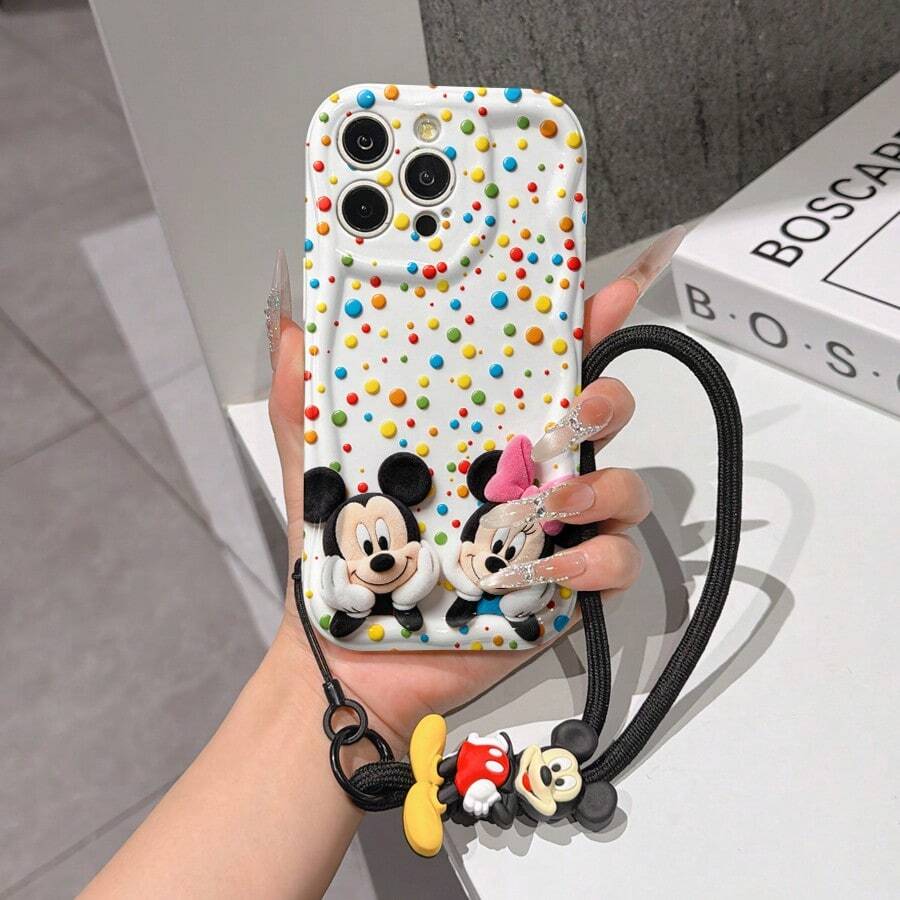 Disney Mickey & Minnie Mouse Phone Case With Mickey Charm And Lanyard - Cute Mickey And Minnie Protective Case With Plush 3D Design, Colorful Polka Dots, And White Background, Equipped With Delicate Mickey Decorative Lanyard And Beaded Bracelet For Easy Carrying, Compatible With IPhone 17, 16, 15, 14, 13, 12, 11 Pro Series, Ideal For Birthdays, Holidays, Anniversaries, Graduation Gifts, Or Any Special Occasion To Surprise Family, Friends, Classmates, And Loved Ones. - trắng - Xem 1