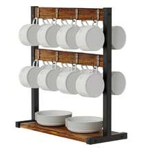 Rustic Wooden Coffee Mug Holder Stand, 2 Tier Countertop Mug Tree Holder Rack - Black - View 1
