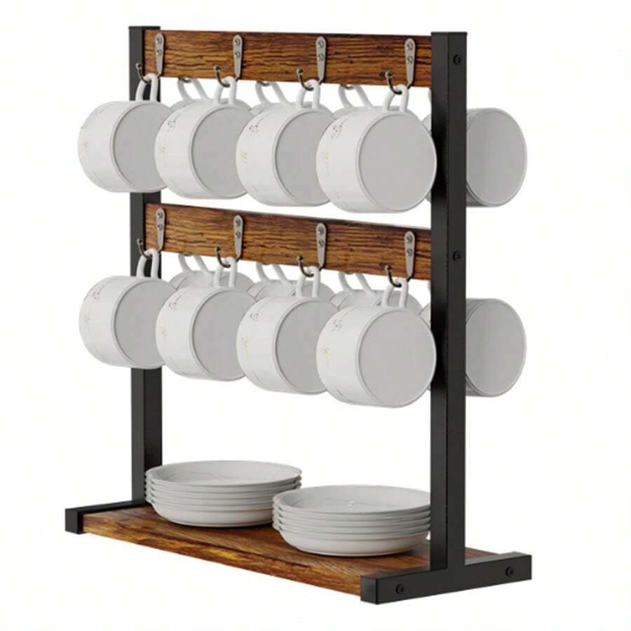 Rustic Wooden Coffee Mug Holder Stand, 2 Tier Countertop Mug Tree Holder Rack - Black - View 1