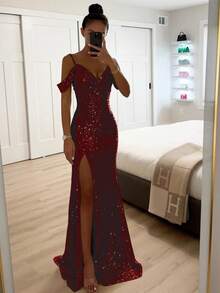 Vestido sin tirantes con lentejuelas corte abierto estilo casual para primavera y otoño - Burdeos - Ver 4