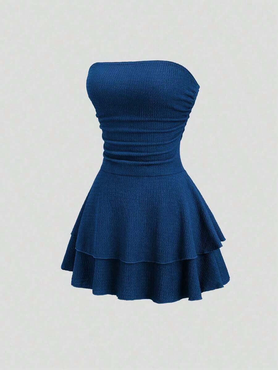 Vestido mini de punto sin tirantes de unicolor minimalista para mujer, vestido de pastel de múltiples capas - Agua verde azul - Ver 1