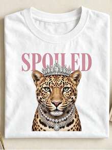 Esta camiseta casual de manga corta y cuello redondo presenta un estampado de guepardo reina y es perfecta para la primavera y el verano.Camiseta de mujer transpirable y cómoda - Blanco - Ver 1