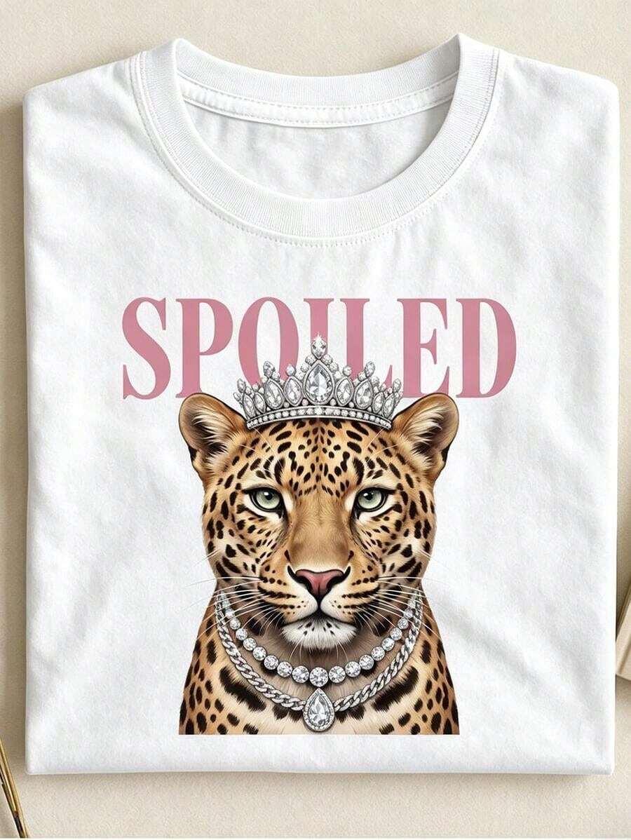 This Casual Short-Sleeved, Crew-Neck T-Shirt Features A Queen Cheetah Print And Is Perfect For Spring And Summer. Breathable And Comfortable Women's T-Shirt - White - View 1