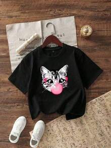 [Camiseta Gráfica] 100% Algodón, Camiseta de Manga Corta con Cuello Redondo y Estampado Novedoso "Break The System" para Chicas Adolescentes, Estilo Casual para Verano. Camiseta de Cuello Redondo y Corte Holgado, Tallas S-7XL, para Todo Tipo de Cuerpo, Camisetas de Primavera, Camisas de Verano, Camisetas de Manga Corta de Otoño. Transpirable y cómoda. - Negro - Ver 3
