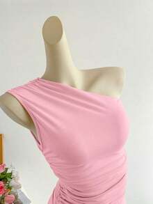Blusa corta de un hombro con pliegues color albaricoque, minimalista, casual, elegante y versátil para uso diario de mujer, primavera/verano - Rosa - Ver 4