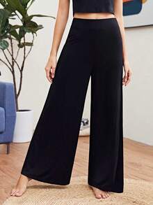 Pantalones holgados de pierna ancha de un solo color tipo palazzo, pantalones casuales de cintura alta y pierna ancha de viscosa negra suelta para mujeres, para uso profesional/de oficina/ropa de trabajo - Negro - Ver 6