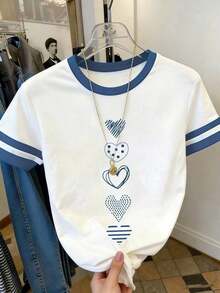 Blusa casual de cuello redondo con patrón de volantes y lazo asimétrico de color contrastante, adecuada para uso diario casual - Azul - Ver 5