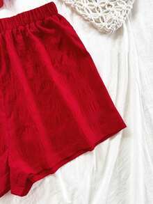 Conjunto de 2 piezas de vacaciones para mujer, top de tirantes con escote en V con textura rojo y shorts sueltos extremadamente cortos, adecuado para citas, fiestas y paseos por la ciudad - Rojo - Ver 4