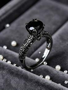 1pc Vintage Black Zirconia Ring, Niche Luxury Distressed Design Personalized Finger Ring For Women - JZ20316 - View 3