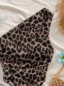 Top de bandeau asimétrico con estampado de leopardo y nudo, estilo playero, adecuado para el verano y la playa - Café integral - Ver 9