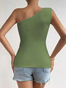 Top corto de mujer de unicolor con pliegues y sin mangas, de moda - Verde - Ver 2