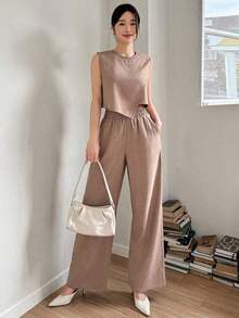 Set de 2 piezas de camisa y pantalones de pierna ancha de unicolor para mujer, conjuntos de ropa de descanso para mujer - Caqui - Ver 1