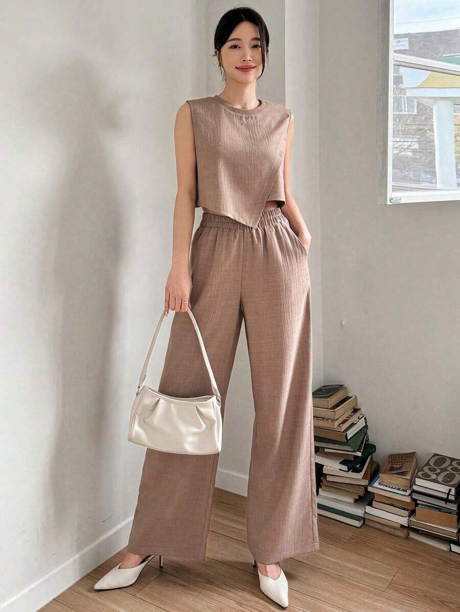 Set de 2 piezas de camisa y pantalones de pierna ancha de unicolor para mujer, conjuntos de ropa de descanso para mujer - Caqui - Ver 1