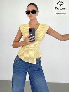 Blusa de mujer con cuello en V a rayas, plisada y con bajo asimétrico - Amarillo - Ver 6
