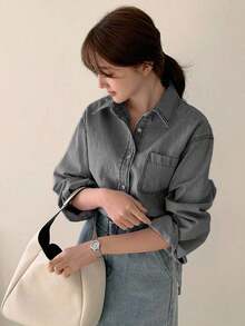 Camisa vaquera de lavado claro con cuello, bolsillos, ajuste holgado de manga larga, para primavera/verano/otoño - Gris Claro - Ver 3