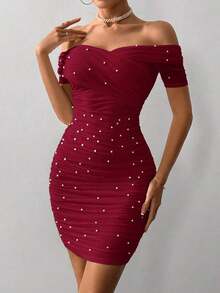 Vestido ajustado para mujer con hombros abiertos, manga corta y adornos con cuentas - Burdeos - Ver 3