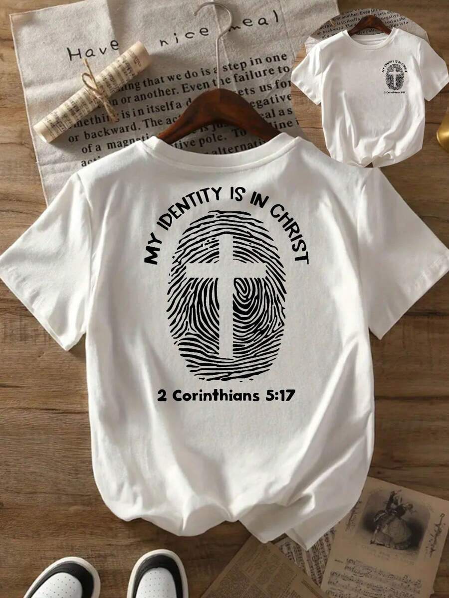 Short-Sleeved T-Shirt With Front And Back Print, Featuring Christian Themes And Faith Motifs, Round Neck, Casual Short-Sleeved T-Shirt For Women - Women's Clothing, Comfortable Fit, Classic Design. - 白色 - 查看 1