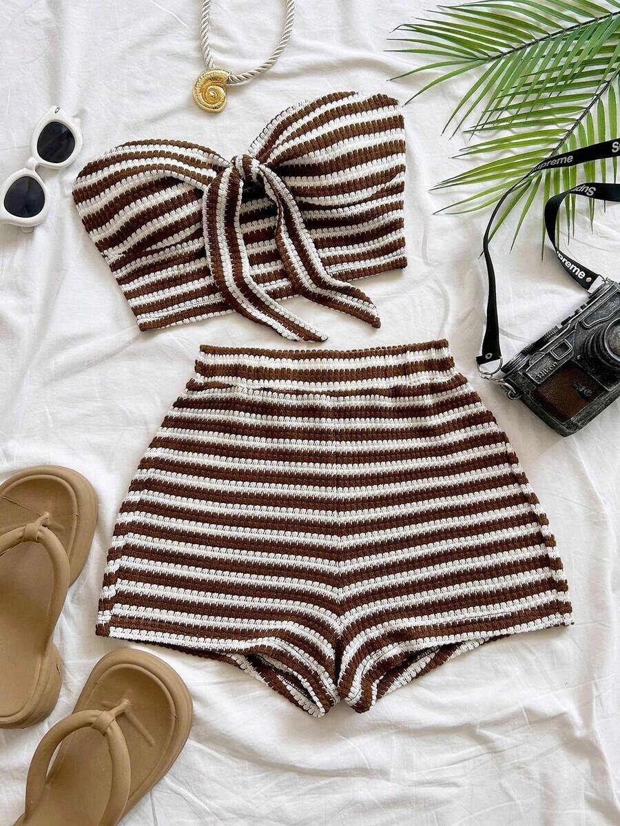2 piezas Conjunto de top corto a rayas y shorts de cintura alta para mujer, adecuado para vacaciones, citas, té de la tarde, playa, crucero, viaje a la ciudad, festival de música, estilo bohemio de playa - Multicolor - Ver 1