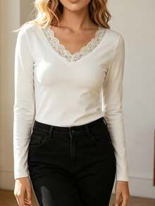 Women's Lace Trim Fall Tops Fashionable Solid Color Long Sleeve V Neck Slim Fit Shirts - White - View 4
