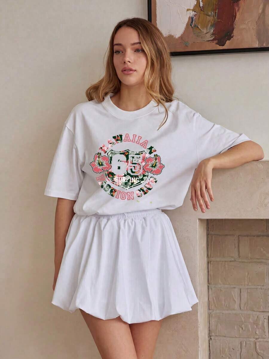 Camiseta Casual Blanca de Mujer, Cuello Redondo, Manga Corta con Hombros Caídos, Largo Regular A9LY - Blanco - Ver 1