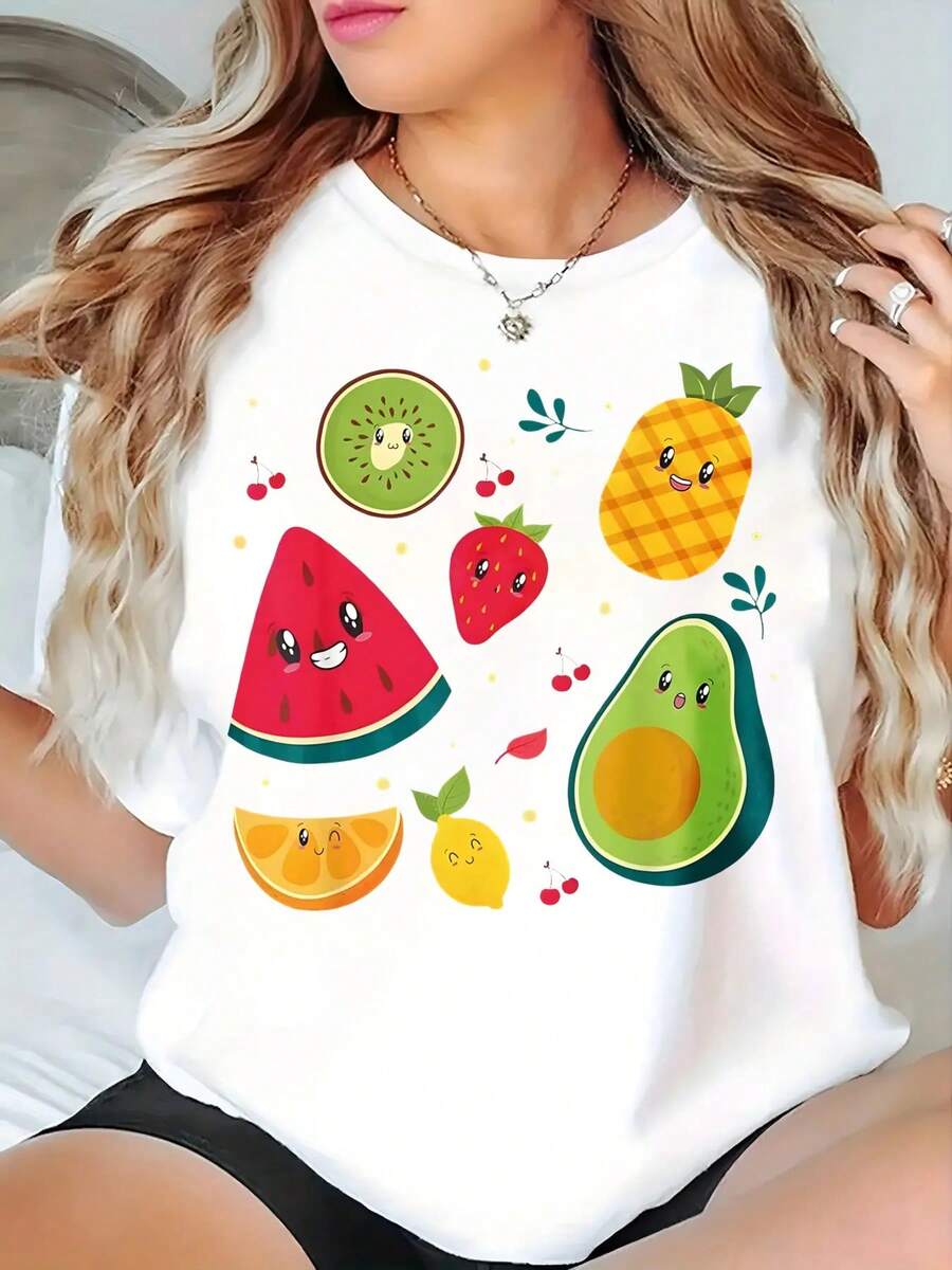 Camiseta de Mujer de Verano con Estampado de Frutas - 100% Algodón, Manga Corta, Cuello Redondo en Negro con Diseño de Sandía, Fresa, Aguacate y Kiwi - Tejido Casual y Transpirable - Blanco - Ver 1