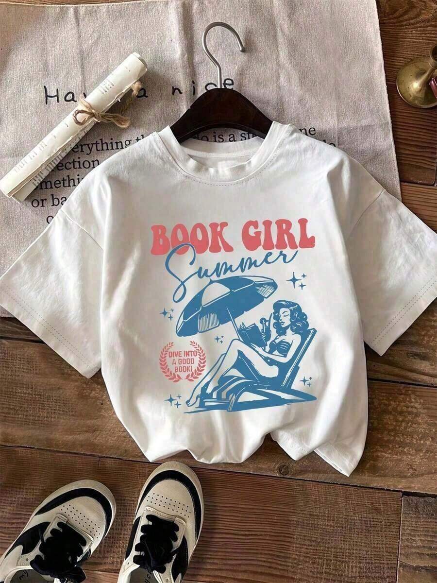 Blusa de manga corta, nueva y de gran , blusas vintage, top lindo, 100% algodón, camisas para hombre, camisetas gráficas Manfinity para hombre, camiseta con estampado de amante de libros para mujer - Diseño de verano que muestra a una mujer leyendo y estrellas, hecha de fibra de poliéster elástica, cuello redondo, top casual de manga corta, lavable a máquina, adecuada para amantes de los libros, 100% algodón. - Blanco - Ver 1