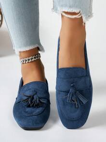 Breezelady Ladies' Elegant Square Flat-Toed Green Suede Tassels And Floral Pendant Loafers Are Suitable For Spring, Summer, Autumn And Winter - Blue - View 4