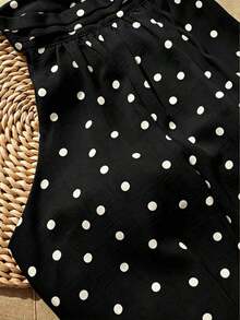 Blusa de mujer de verano, casual y elegante, con cuello de halter y corbata, de tela con textura de lunares - Negro - Ver 3
