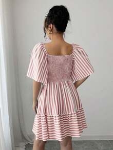 Elenzya Vestido de primavera y verano de talla media con rayas azules y blancas, manga corta, elegante y casual, con cintura ajustada para mujeres - Rosa - Ver 2