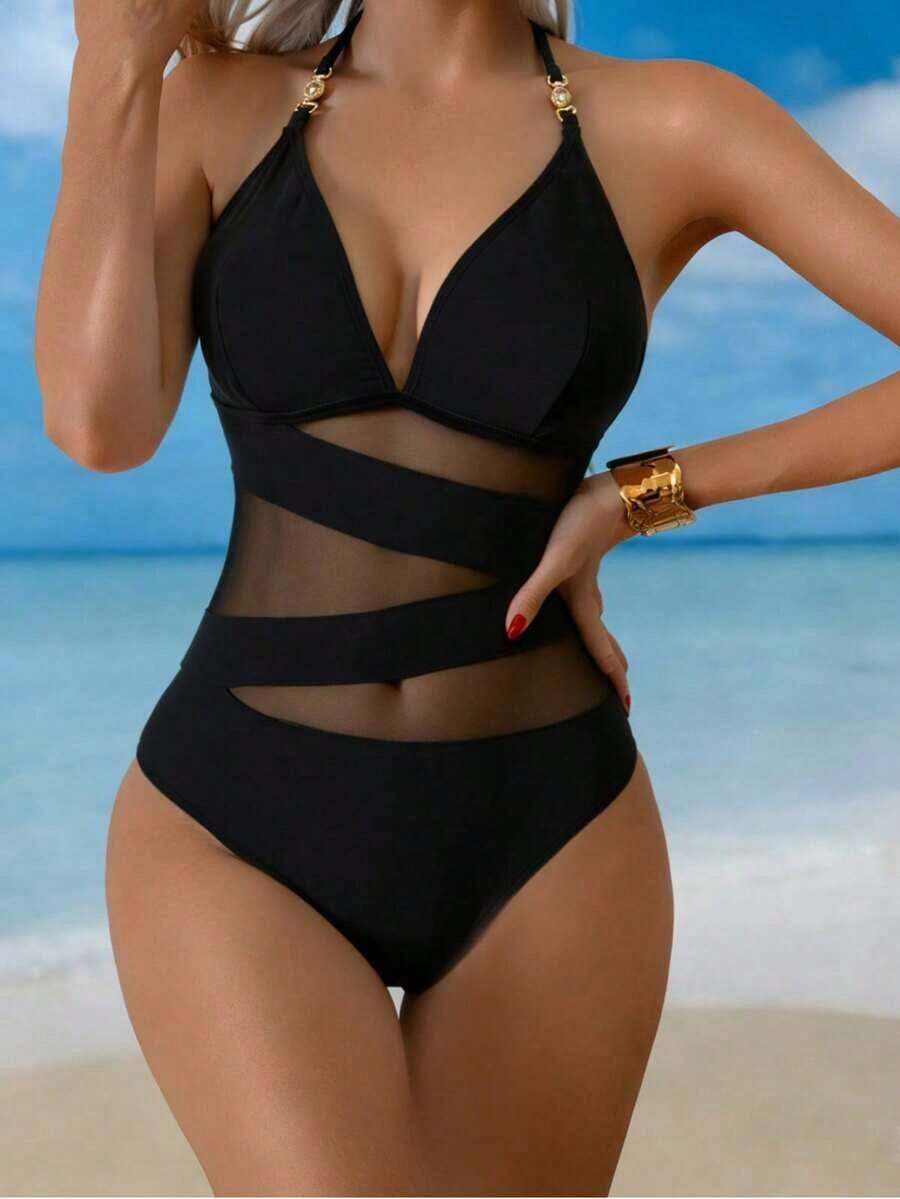 Swim Lushore Traje de baño de una pieza sexy para mujer con decoración metálica, diseño de escote en V y empalme transparente, adecuado para vacaciones en la playa - Negro - Ver 1