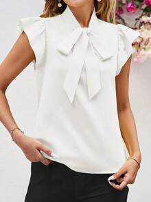 Blusa con lazo elegante para mujer, versátil para el trabajo y el uso casual, verano - Blanco - Ver 4