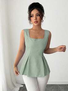 Camisa sin mangas elegante con cuello cuadrado, cintura atada y rayas para el verano 2025 - Verde - Ver 5