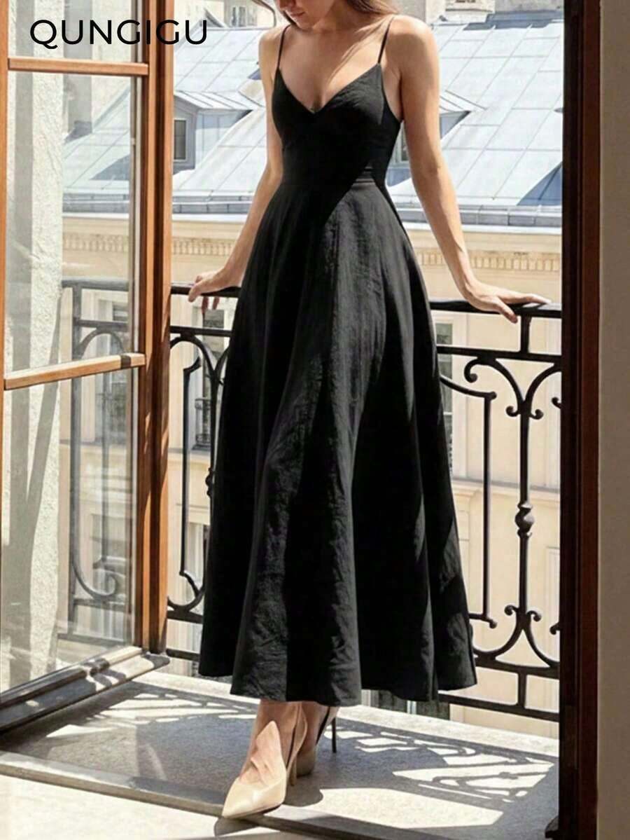 Vestido midi elegante de mujer con cuello en V, vestido de tirantes de mezcla de lino con corte evasé y espalda descubierta, adecuado para vacaciones, playa, boda, fiesta de cóctel - Negro - Ver 1