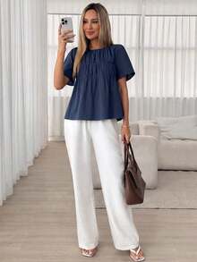 Camisa casual de mujer de unicolor, cuello redondo, manga corta y plisada - Azul marino - Ver 4