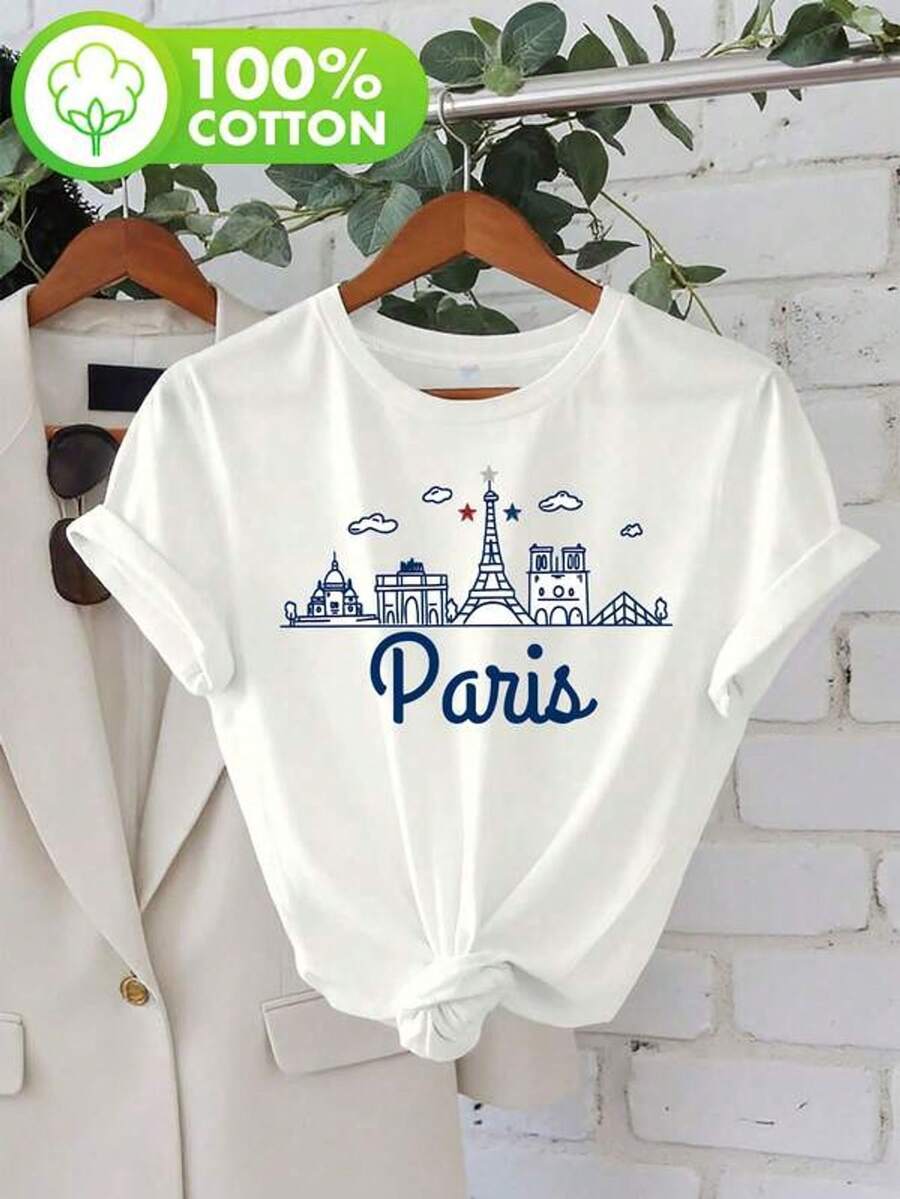 Camiseta gráfica inspir en París - Estampado de la Torre Eiffel y monumentos, top de manga corta y cuello redondo casual, perfecto para atuendo casual, top de textura suave con estampado parisino