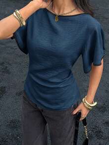 Camisa casual de mujer con ribete de contraste en la cintura y manga corta, para verano - Azul marino - Ver 8